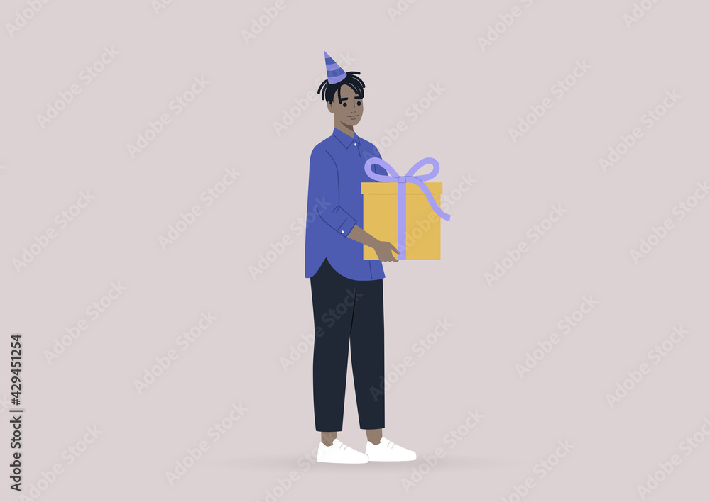 A young male Black character carrying a gift box with a big bow, a party event A young male Black character carrying a gift box with a big bow, a party event