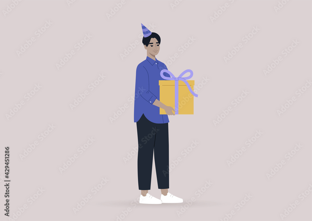 A young male Asian character carrying a gift box with a big bow, a party event
