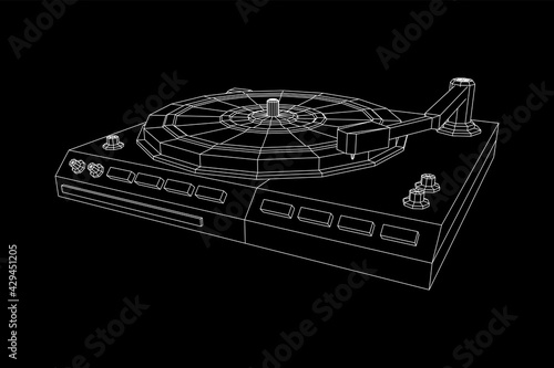 Vinyl turntable audio device. Wireframe low poly mesh vector illustration.