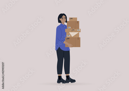 A young female character holding a stack of cardboard boxes, moving out, courier service, post box delivery