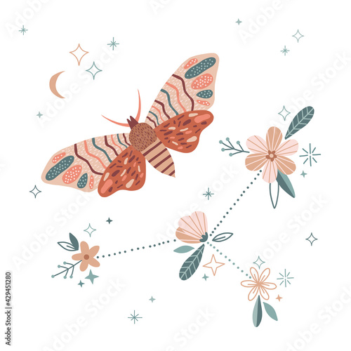 Whimsical moon moth Celestial floral zodiac constellation vector illustration. Magical luna butterfly bloomy starry space decorative graphics print. Spiritual Boho folk art vibes design