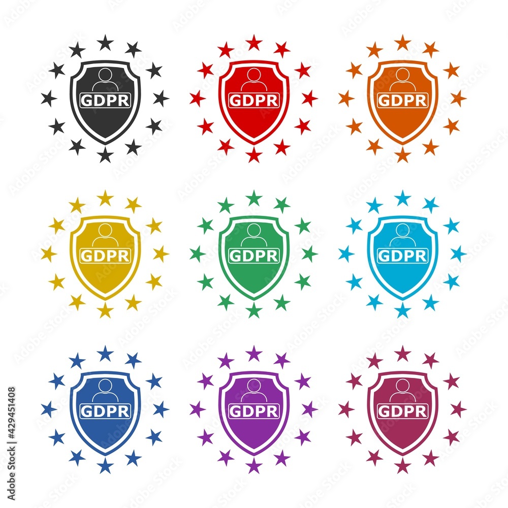 GDPR shield icon isolated on white background color set