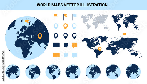 World map vector set - Collection of earth globes with maps and graphical elements on white background.
