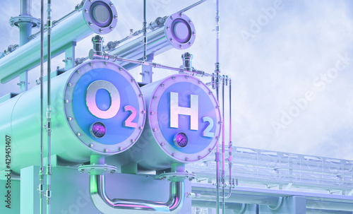 Green Hydrogen, future energy h2 fuel 3D illustration. Green hydrogen production by electrolysis technology, renewable electricity, alternative eco way of getting hydrogen H2, cut industry emissions photo