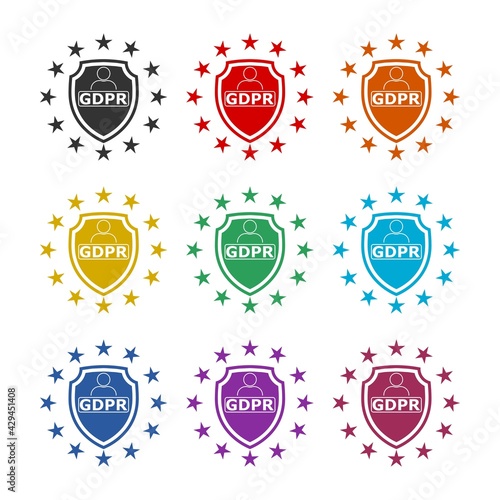 GDPR shield icon isolated on white background color set