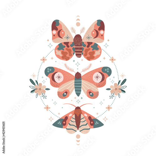 Whimsical moon moth in celestial floral dotty frame vector illustration. Magical luna butterfly bloomy starry space decorative graphics for print. Spiritual Boho folk art vibes design