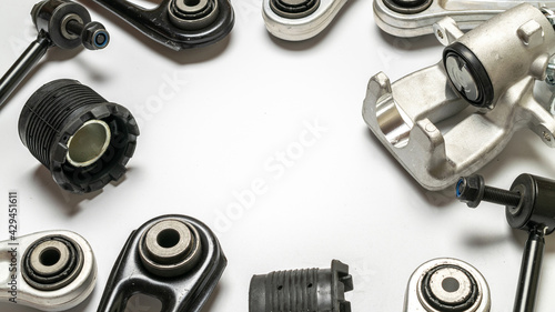 Car engine. Set of new metal car part. Auto motor mechanic spare or automotive piece isolated on white background. Automobile engine service.
