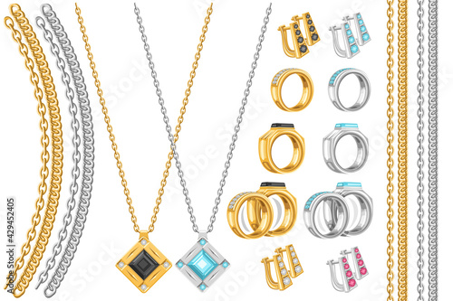 Vector Jewelry Set, lot collection of cut out illustrations chains, necklaces with black and blue precious jewels, contemporary earrings with english lock, bridal and finger rings, diverse jewelry set