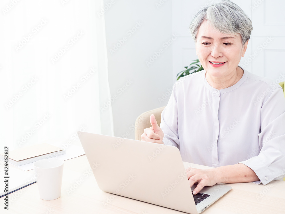 Senior asian woman using wireless laptop apps browsing internet. Senior asian woman using wireless laptop apps browsing internet.
