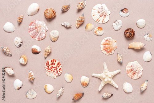 Frame from various seashells on a beige background. Abstract beach background. Top view, flat lay.