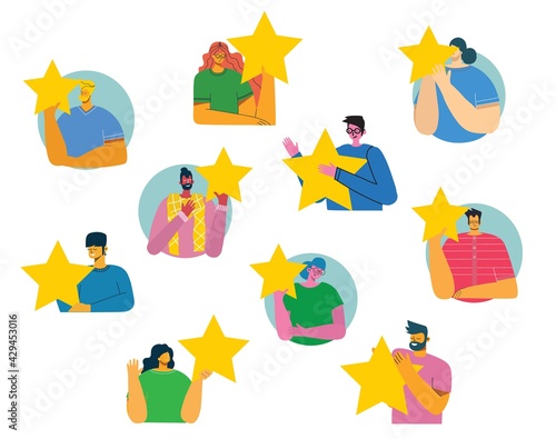 People are holding five stars and giving positive feedback. Happy clients evaluating app, product, service. Feedback consumer, customer review evaluation.