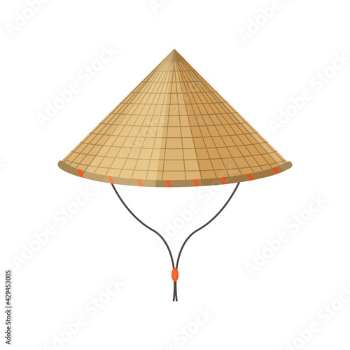 Traditional Asian conical non-la hat.It is commonly used in East, South and Southeast Asia, China and Vietnam for protection from the sun and rain. Vector illustration isolated on white background.