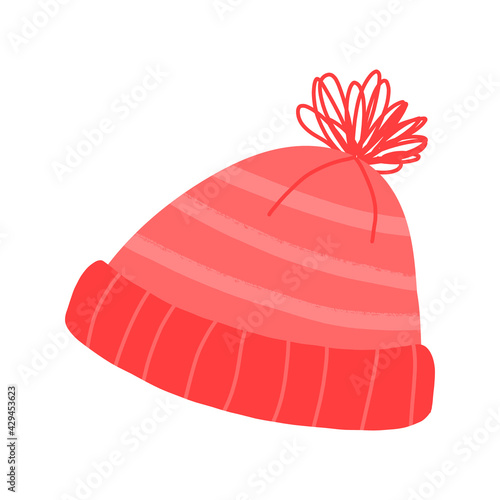 Cute knit striped pom-pom hat. Cartoon vector illustration. © Bubble beanie