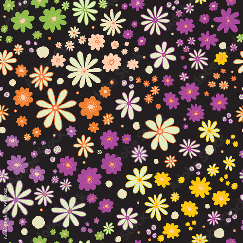 Flower field on dark seamless vector pattern. Repeating dense liberty doodle flower meadow background. Scandinavian style line art florals. For fabric, wallpaper, texture