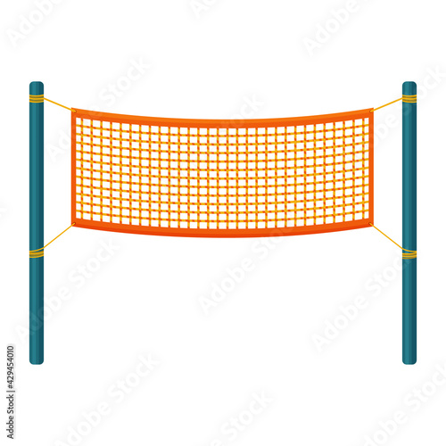An orange volleyball net stretched between two blue poles. Grid for team sports such as volleyball badminton. Vector illustration in a flat style isolated on white background.