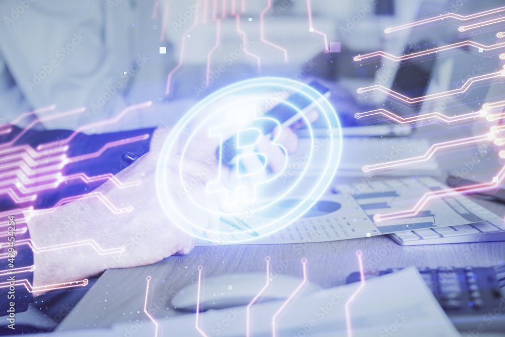 Double exposure of man's hands holding and using a phone and crypto currency blockchain theme drawing. Double exposure of man's hands holding and using a phone and crypto currency blockchain theme drawing.
