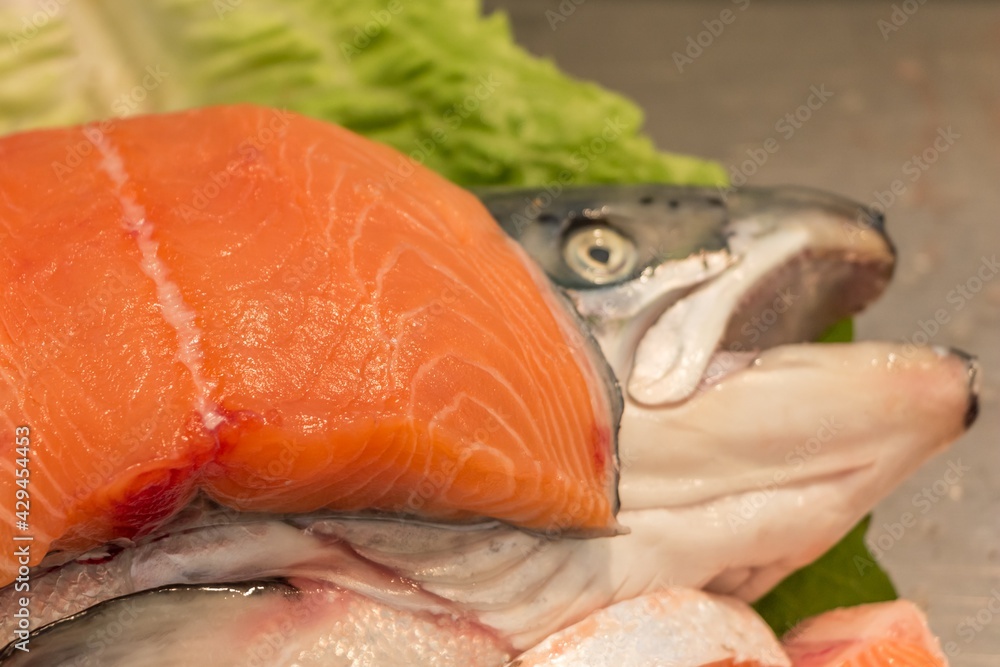 Prepared piece of delicious fresh salmon gourmet fish fillet. Traditional healthy sea food from seafood market with orange white stripes pattern. Quality food for sushi lunch or barbecue dinner Prepared piece of delicious fresh salmon gourmet fish fillet. Traditional healthy sea food from seafood market with orange white stripes pattern. Quality food for sushi lunch or barbecue dinner