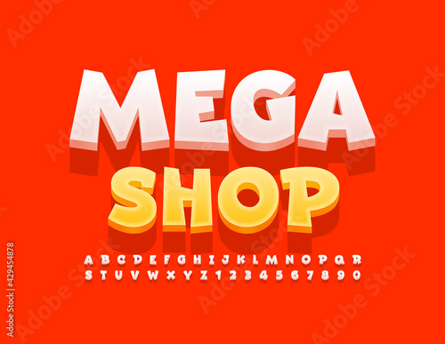 Vector business banner Mega Shop. Modern White Font. Creative Alphabet Letters and Numbers set