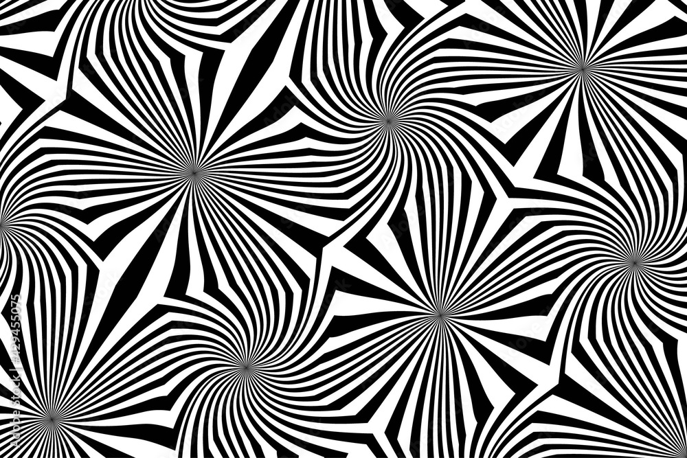 Abstract Black and White Geometric Pattern with Stripes. Contrasty Optical Psychedelic Illusion. Starlike Wicker Texture. Raster Illustration