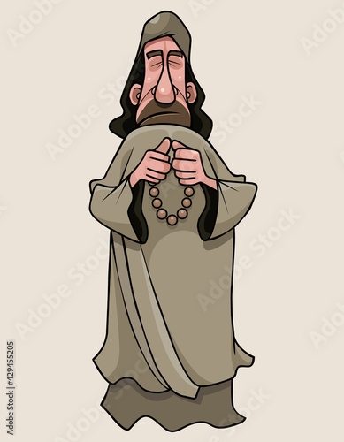 a cartoon man in a monks cassock stands and prays with a rosary in his hands