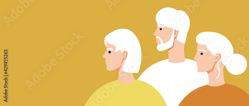 Old people, copy space template, flat vector stock illustration with gray-haired men and women pensioners and old age
