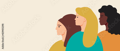 Pretty young women, copy space template, flat vector stock illustration with multicultural feminists various beauty