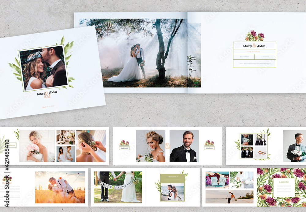 Watercolor Style Wedding Photo Album Layout Stock Template | Adobe Stock