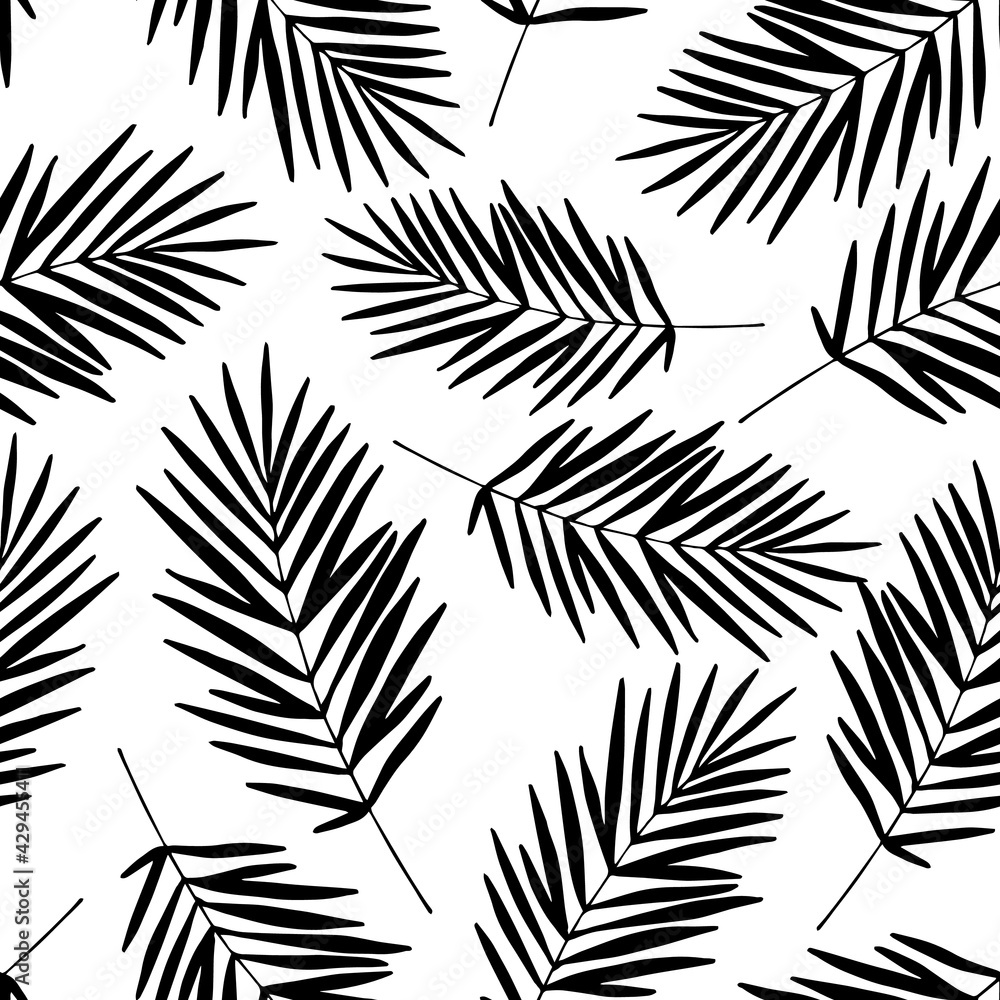 Naklejka premium Seamless pattern hand drawn tropical plants, leaf, leaves. In doodle style, black outline isolated on a white background. Design element for card, poster, social media banner, digital paper. Vector.