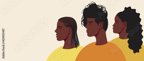 Afro people, copy space template, flat vector stock illustration with afro community of men and women or people with black skin