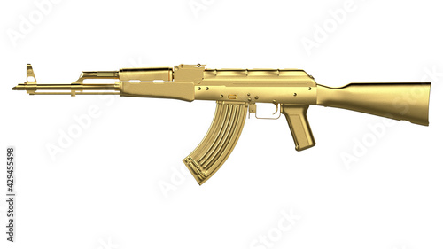 Gold AK-47 assault rifle isolated on white background. Classic Soviet AK machine gun. Gold weapon