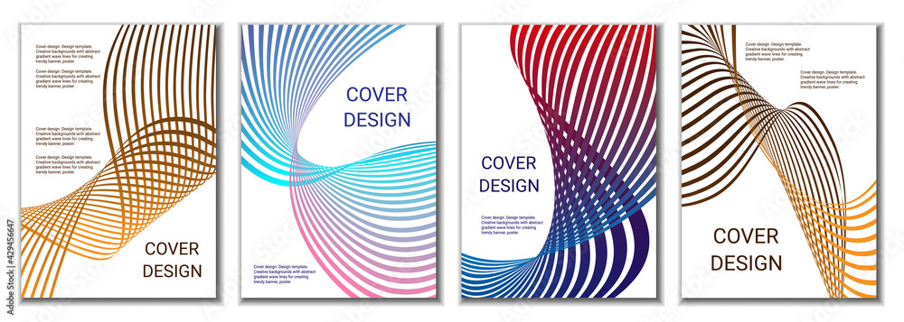 A set of 4 abstract covers. Wavy parallel gradient lines, ribbons evolve. Cover design, background. Trendy banner, poster. A set of 4 abstract covers. Wavy parallel gradient lines, ribbons evolve. Cover design, background. Trendy banner, poster.