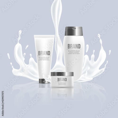 Cosmetic beauty products vector realistic poster design. Hand cream and body lotion packaging with splash of liquid. Moisturizing skin care cream in bottles. Cosmetic advertisement template.