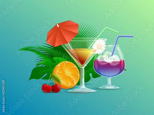 Colorful summer cocktails decorated with straws, flowers, and cocktail umbrellas vector cartoon illustration. Green tropical leaves, orange, and cherries. Fresh cold alcohol beverages concept.