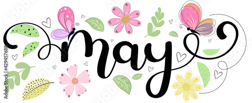 Hello May. MAY month vector with flowers, butterfly and leaves. Decoration floral. Illustration month may photo