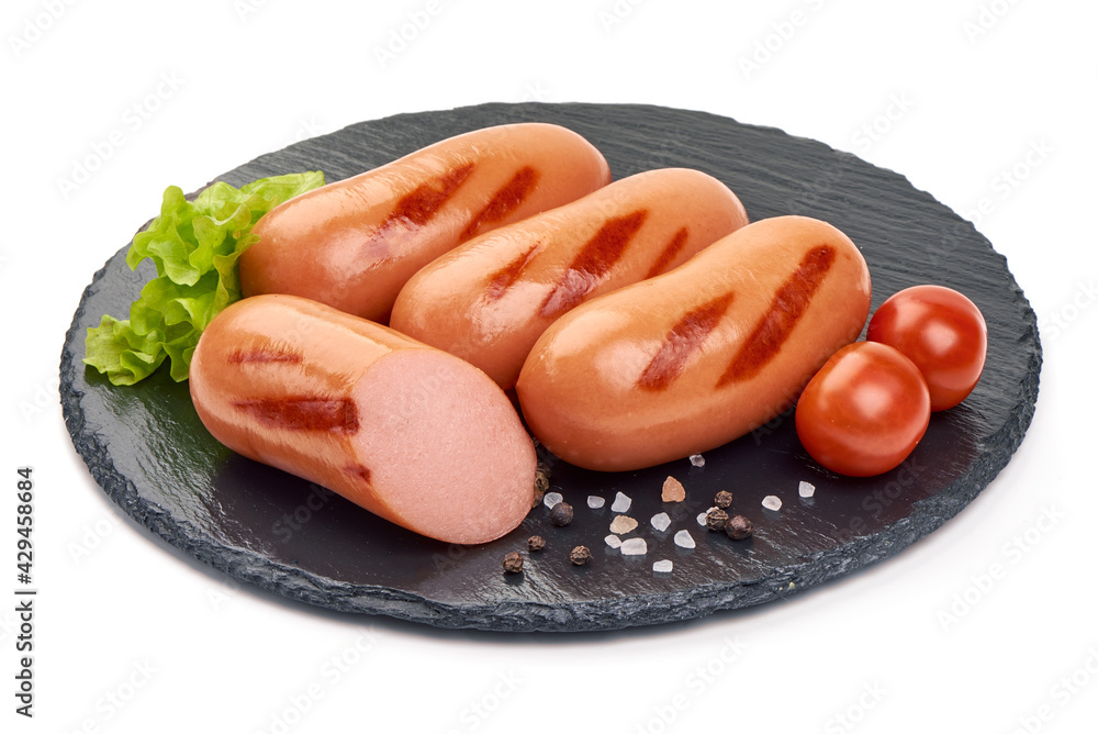 Grilled sausages, isolated on white background Grilled sausages, isolated on white background