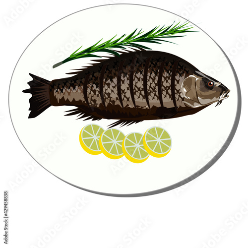 grilled spicy fish with lemon  - Vector