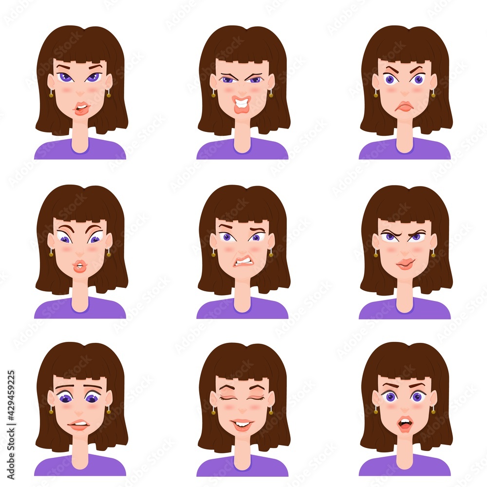 Female avatar with emotions cartoon style. Female avatar with emotions cartoon style.