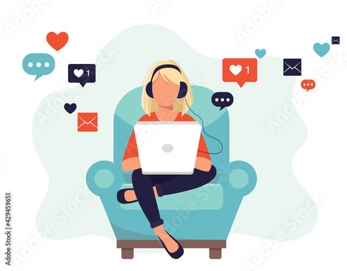Social network. Woman using lap top for social networking. Chatting. Creative flat design for web banner, marketing material, business presentation, online advertising. Flat vector illustration 