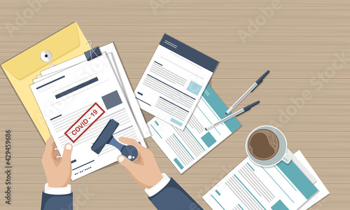 Red COVID-19 stamp on paper form. Document papers on wooden desk, top view. Flat vector illustration