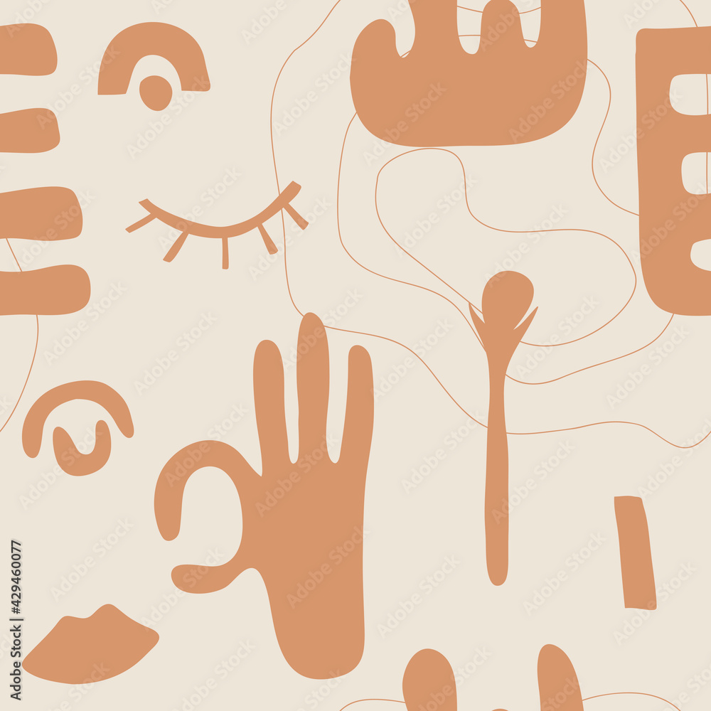 Сontemporary seamless pattern hand drawn shapes. Nature doodle elements and objects. Abstract color various leaves and flowers. Trendy modern flat cartoon vector illustration isolated on beige Сontemporary seamless pattern hand drawn shapes. Nature doodle elements and objects. Abstract color various leaves and flowers. Trendy modern flat cartoon vector illustration isolated on beige