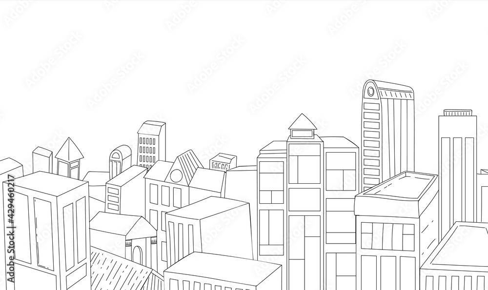 Vector line drawing illustration of a small town center top view. Downtown drawn in pencil