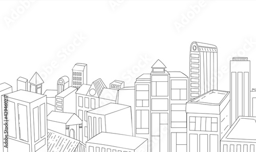 Fototapeta Naklejka Na Ścianę i Meble -  Vector line drawing illustration of a small town center top view. Downtown drawn in pencil