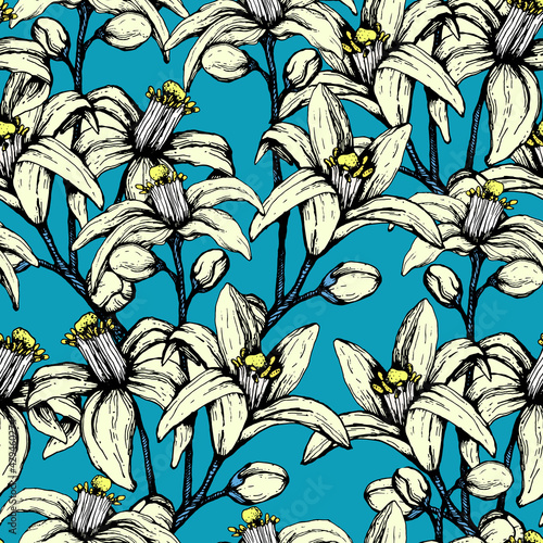 Vector illustration of a seamless pattern of orange flowers on a blue background. DO NOT roll buds for fabric, wrapping paper or stationery