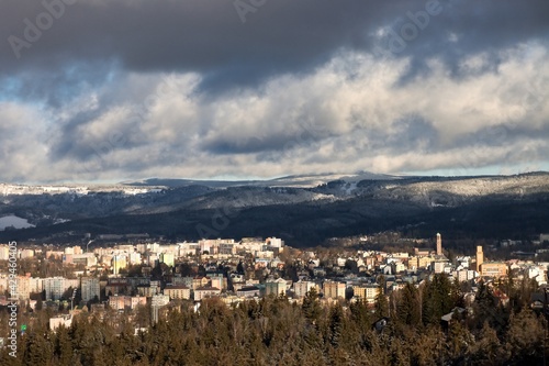 Beautiful view from above on the city (Jablonec nad Nisou). Dramatic cloudy sky.