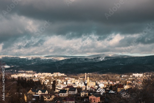 Beautiful view from above on the city (Jablonec nad Nisou). Dramatic cloudy sky. © Petr