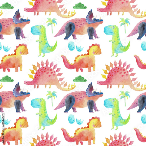 Watercolor pattern with dinosaurs, cute cartoon characters