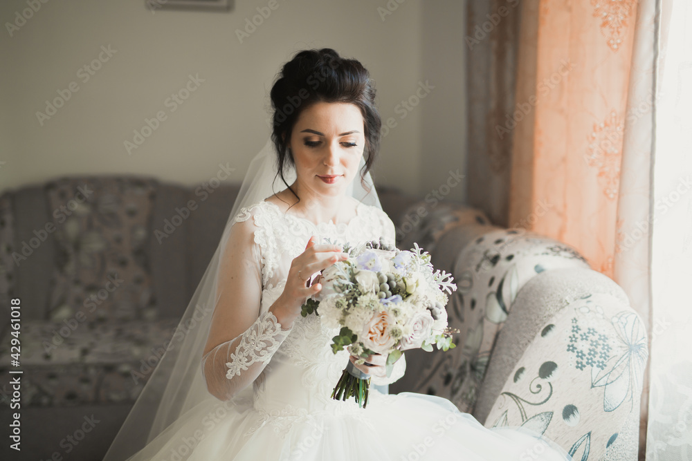 Portrait of beautiful bride with fashion veil at wedding morning Portrait of beautiful bride with fashion veil at wedding morning