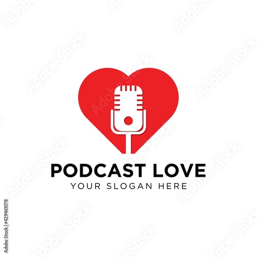 love heart mic podcast live show broadcast logo template vector icon