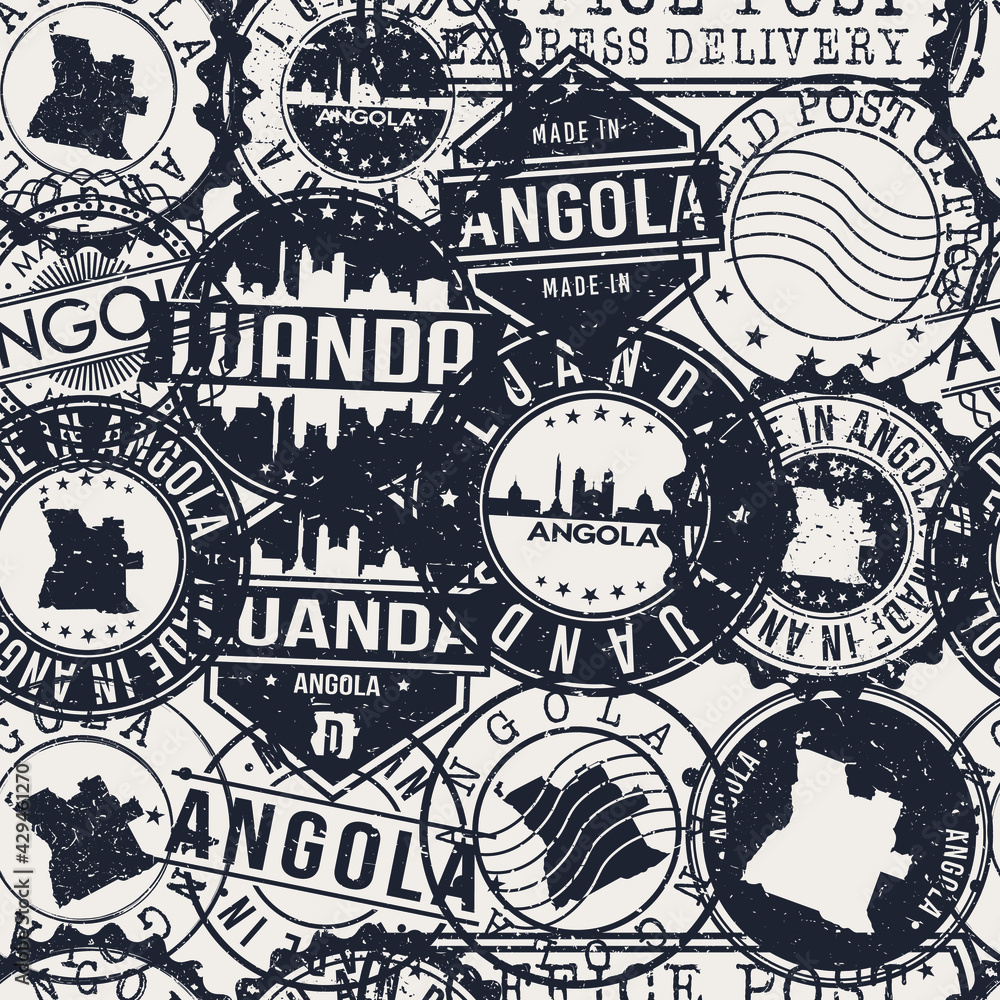 Fototapeta premium Luanda, Angola Pattern of Stamps. Travel Passport Stamps. Made In Product. Design Seals in Old Style Insignia Seamless. Icon Clip Art Vector Collection.
