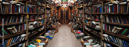 Bookshelves in the library. Large bookcase with lots of books. Reading books. Library or shop with bookcases. Cozy book background. Bookish, bookstore, bookshop.